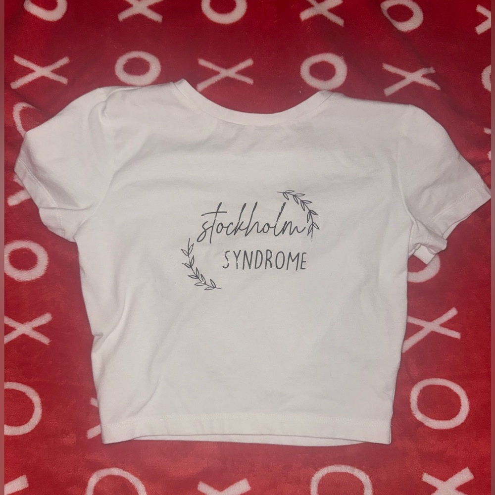 White Mini Cropped Top XS “ Stockholm Syndrome “ Vine Short Sleeve Baby Tee